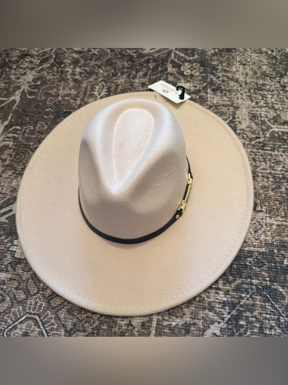 Beige Wide-Brim Wool Felt Fedora Hat with Black Band